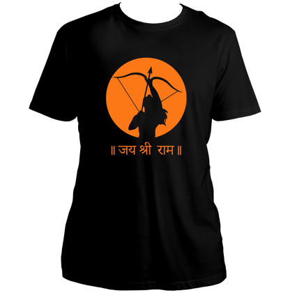 Black Jai Shree Ram unisex T-shirt with saffron Rama bow print by Garrari