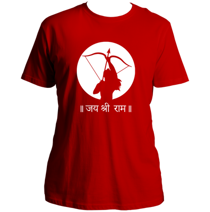Red Jai Shree Ram unisex T-shirt with Jai Shree Ram bow artwork by Garrari