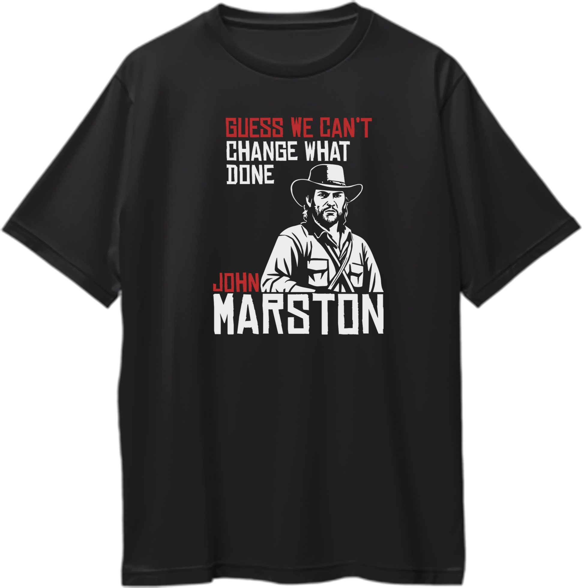 Black oversized t-shirt featuring John Marston artwork with text “The Marston Code – Guess We Can’t Change What’s Done” – Garrari Brand.