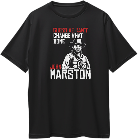 Black oversized t-shirt featuring John Marston artwork with text “The Marston Code – Guess We Can’t Change What’s Done” – Garrari Brand.
