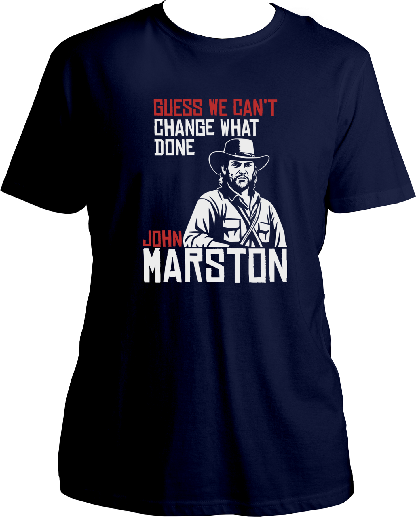 unisex t-shirt featuring John Marston artwork with quote “Guess We Can’t Change What’s Done” from RDR2 – Garrari Brand.