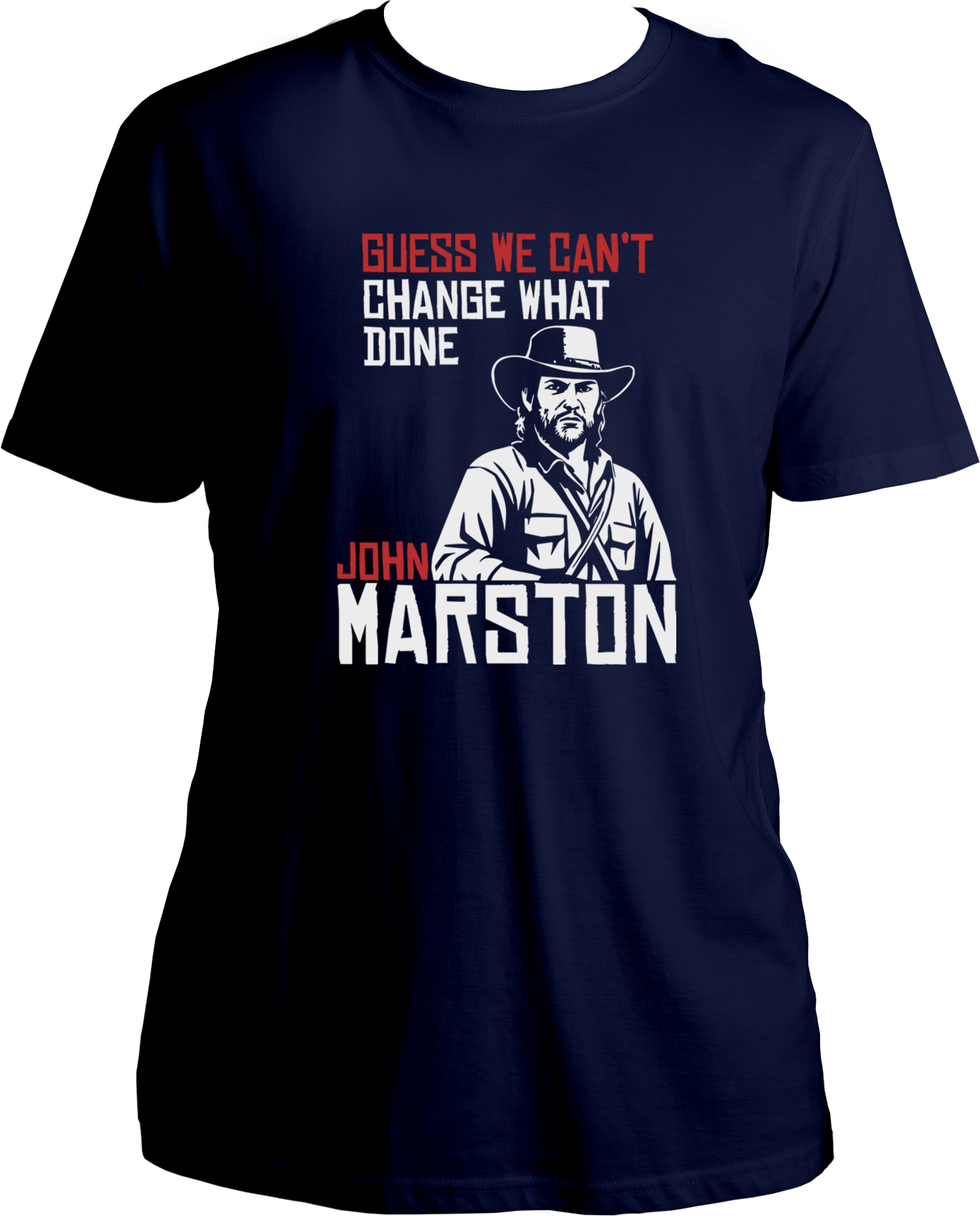 unisex t-shirt featuring John Marston artwork with quote “Guess We Can’t Change What’s Done” from RDR2 – Garrari Brand.