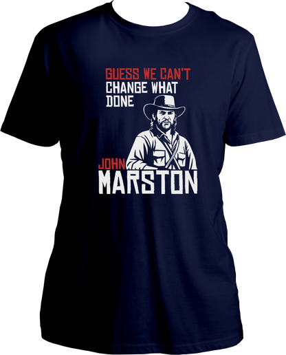 unisex t-shirt featuring John Marston artwork with quote “Guess We Can’t Change What’s Done” from RDR2 – Garrari Brand.