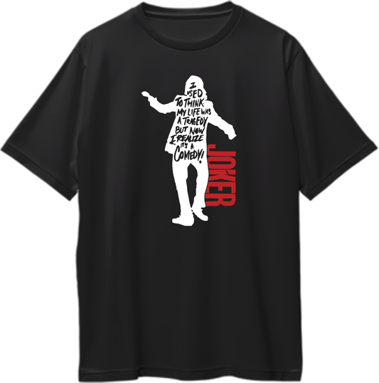 Oversized unisex t-shirt with Joker silhouette and 'Life is a comedy' quote