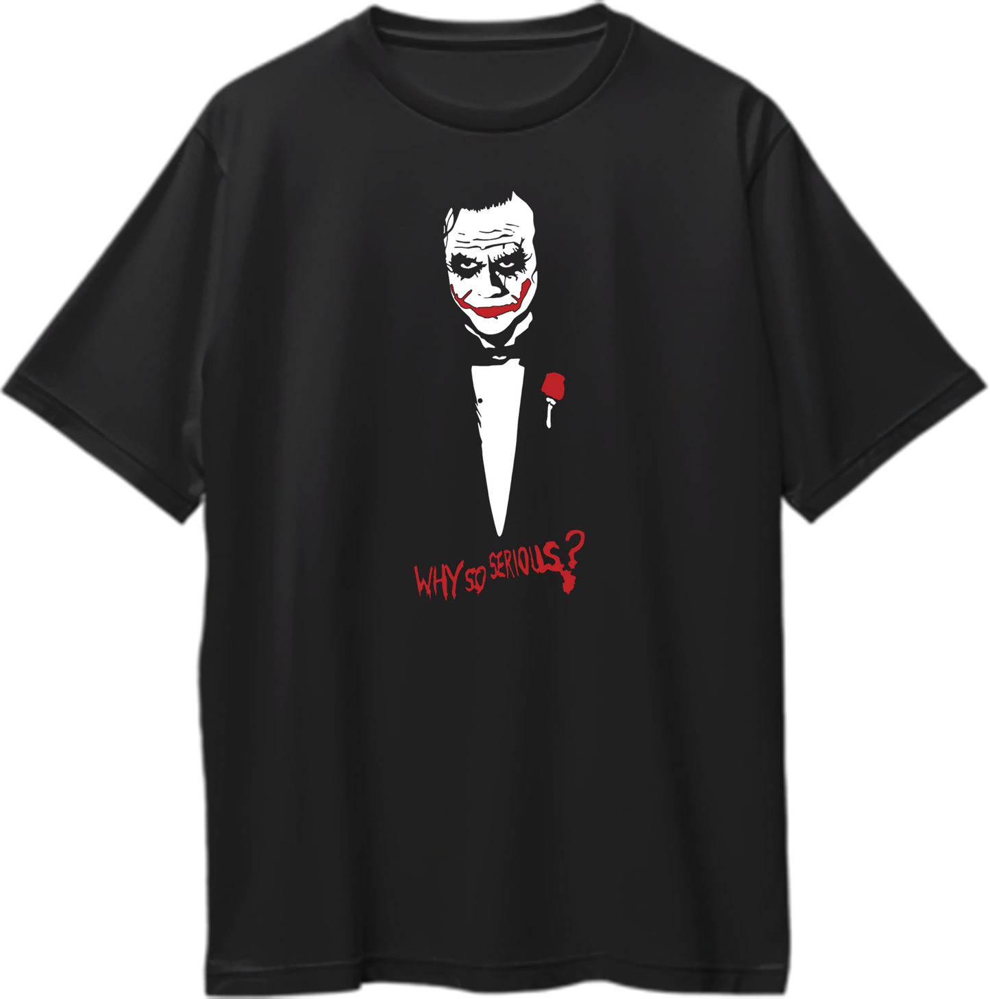 "Oversized unisex t-shirt with 'Why So Serious?' quote in bold."