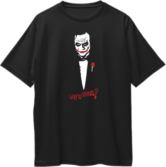 "Oversized unisex t-shirt with 'Why So Serious?' quote in bold."