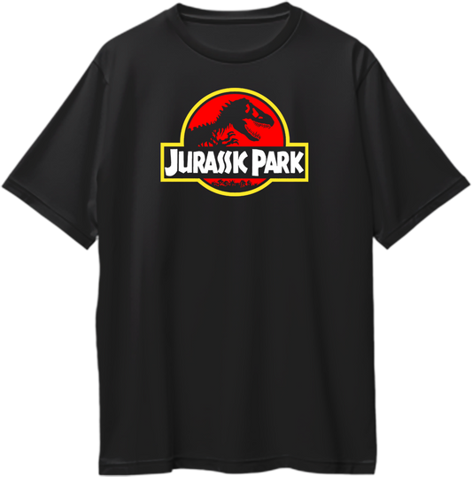 Front view of Jurassic Park Oversized Unisex T-Shirt with iconic movie logo featuring a T-Rex silhouette.