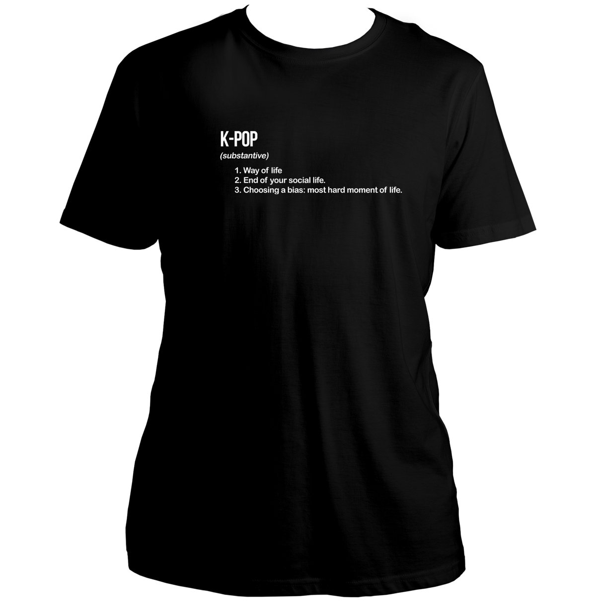 Black K-Pop Definition Unisex T-Shirt with white K-pop dictionary typography print