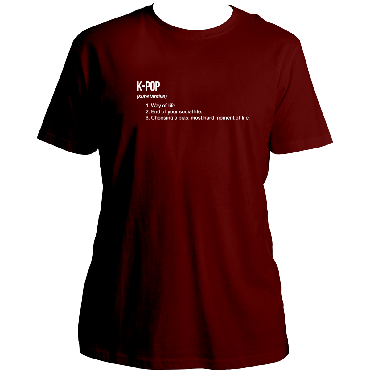 Maroon K-Pop Definition Unisex T-Shirt with white K-pop dictionary typography print