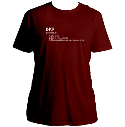 Maroon K-Pop Definition Unisex T-Shirt with white K-pop dictionary typography print