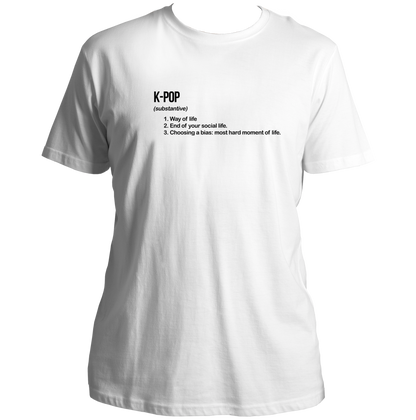 White K-Pop Definition Unisex T-Shirt with black K-pop dictionary typography print