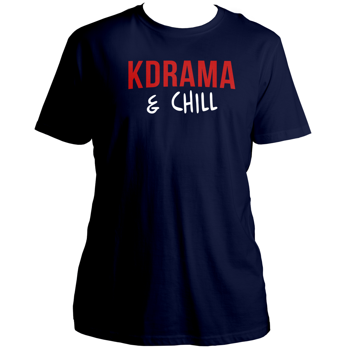 Navy Blue K Drama & Chill Unisex T-Shirt with red and white K-drama typography print