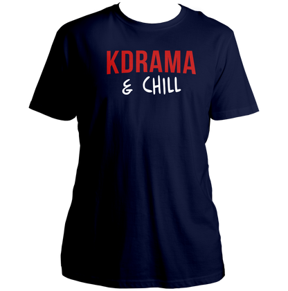 Navy Blue K Drama & Chill Unisex T-Shirt with red and white K-drama typography print