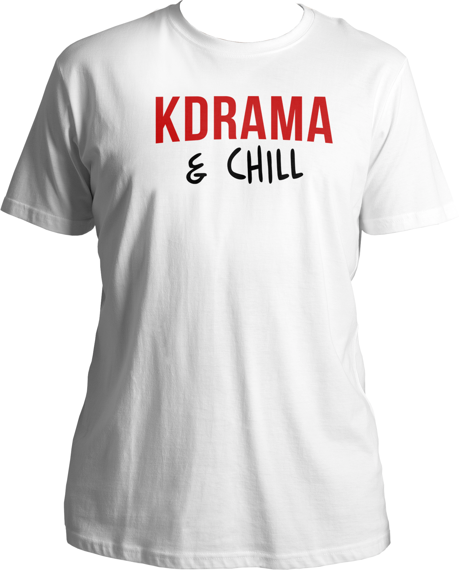 A comfortable unisex t-shirt with the phrase "K Drama & Chill" printed on the front, perfect for Korean drama enthusiasts.