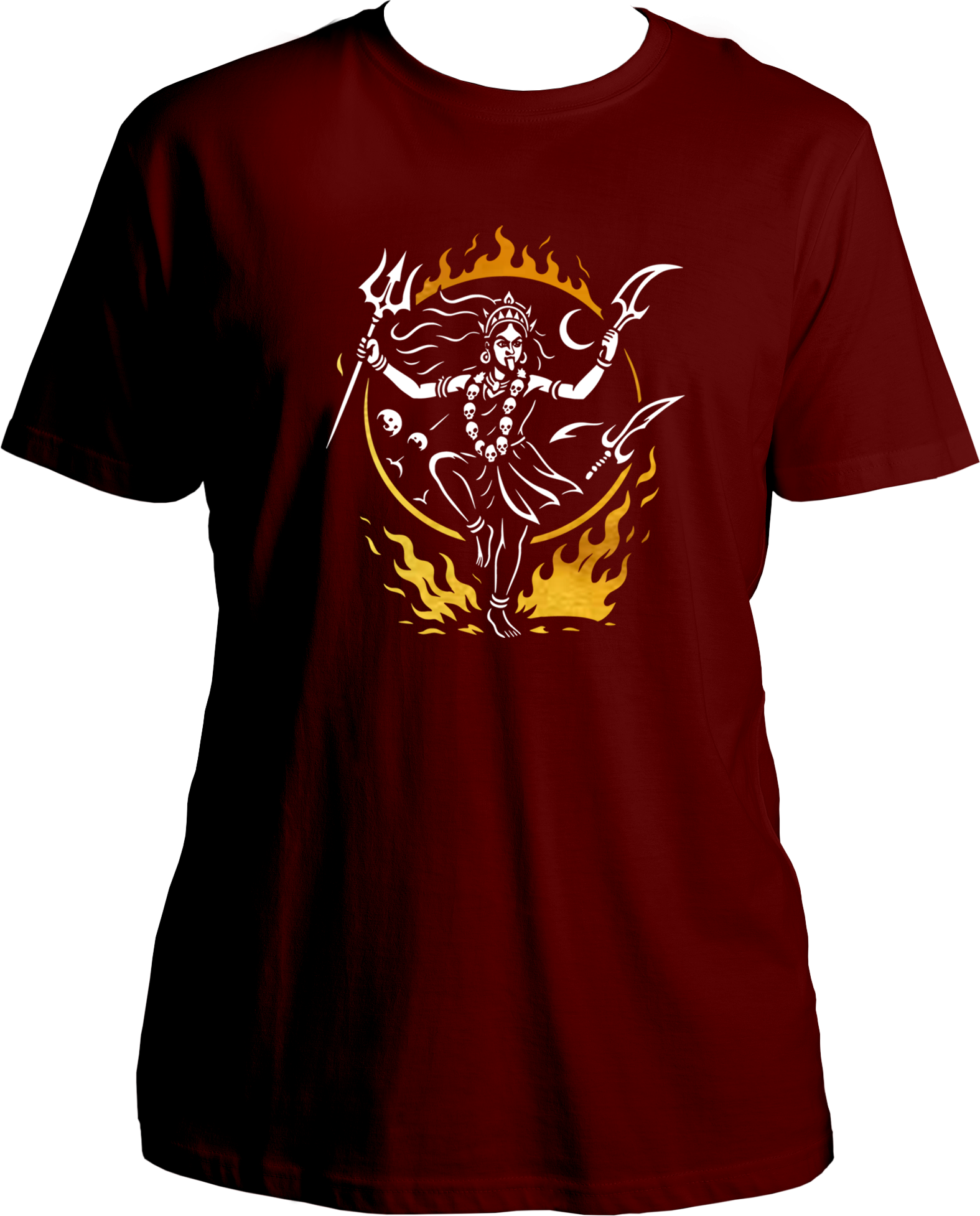 Unisex cotton t-shirt featuring Goddess Kali performing Tandav with trishul surrounded by divine flames and reflective golden accents – Garrari Brand.
