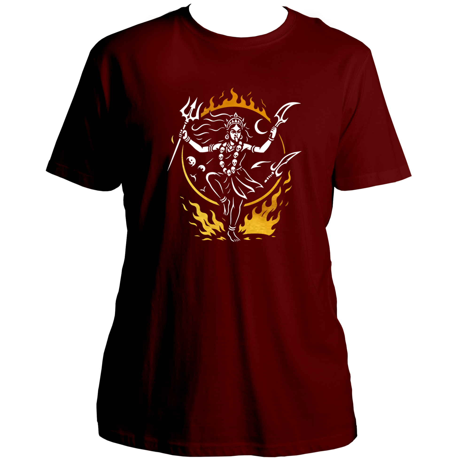 Maroon Tandav of Kali Maa T-shirt with trishul, flames, and reflective golden artwork by Garrari