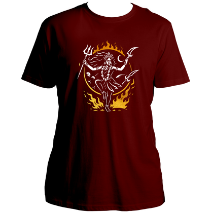 Maroon Tandav of Kali Maa T-shirt with trishul, flames, and reflective golden artwork by Garrari