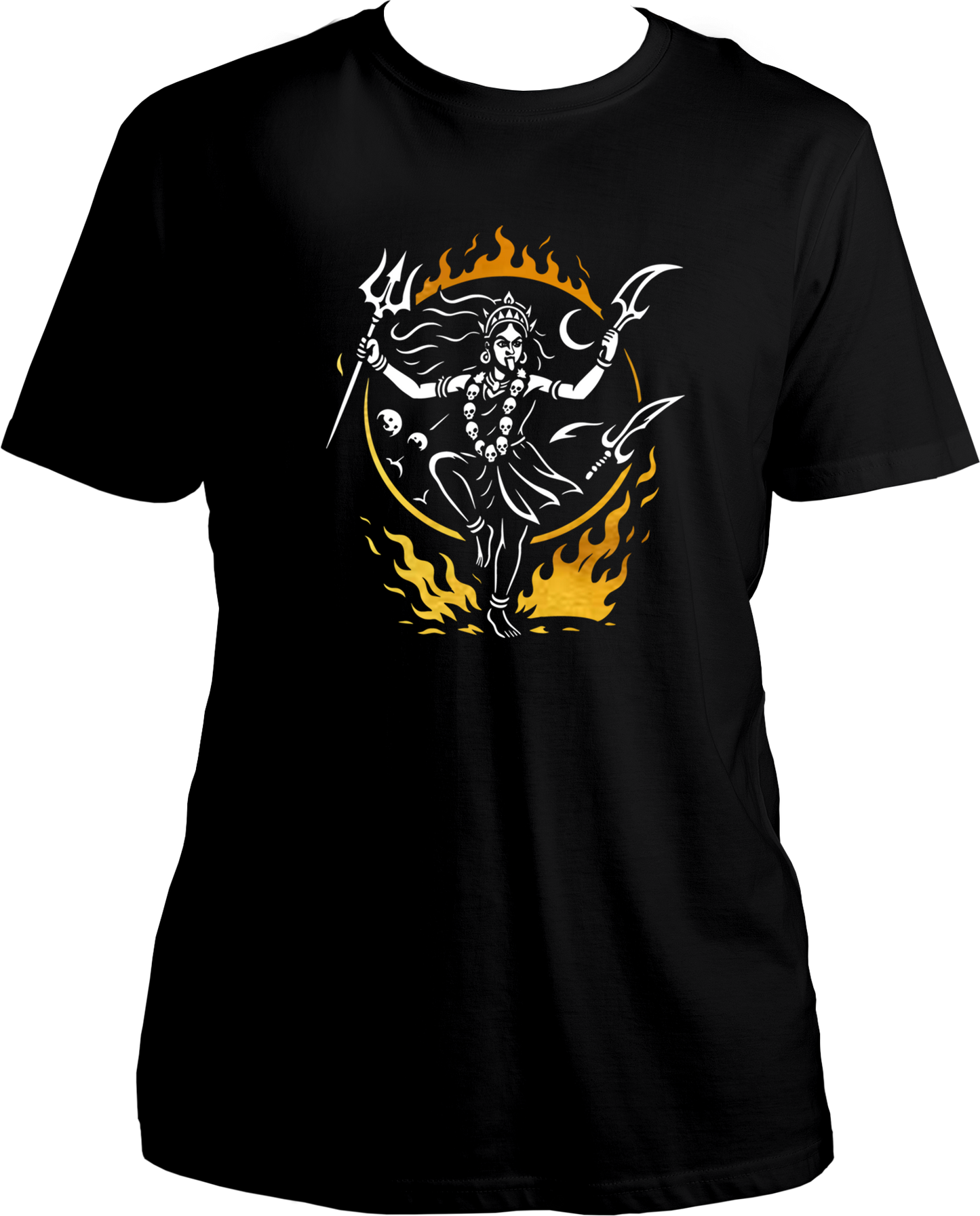 Unisex cotton t-shirt featuring Goddess Kali performing Tandav with trishul surrounded by divine flames and reflective golden accents – Garrari Brand.