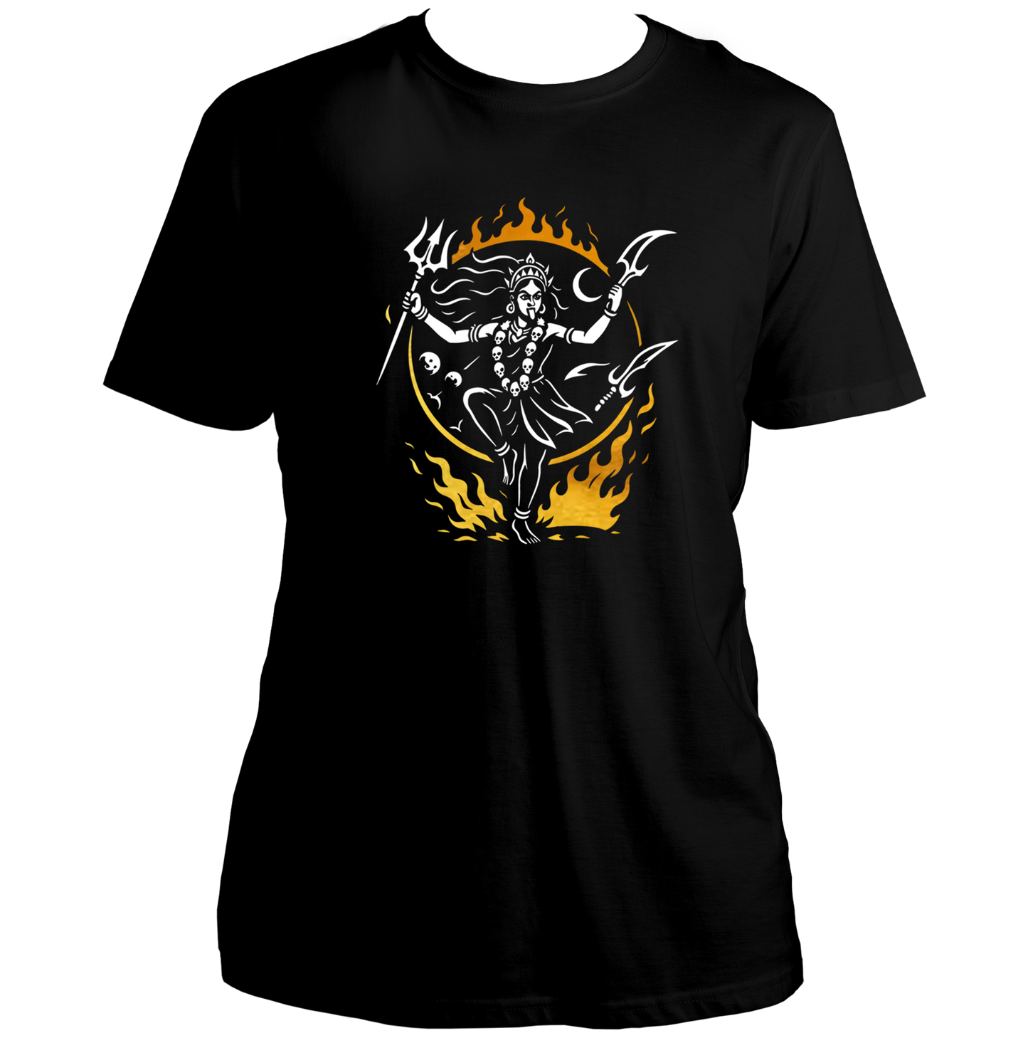 Black Tandav of Kali Maa T-shirt with Shakti devotional artwork and fire details by Garrari