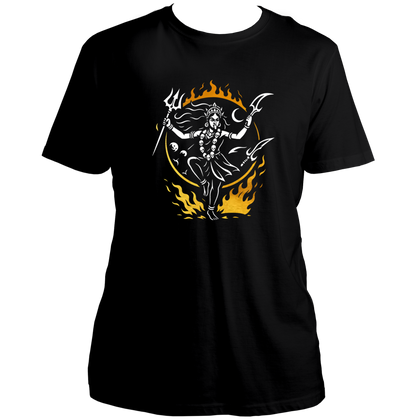 Black Tandav of Kali Maa T-shirt with Shakti devotional artwork and fire details by Garrari