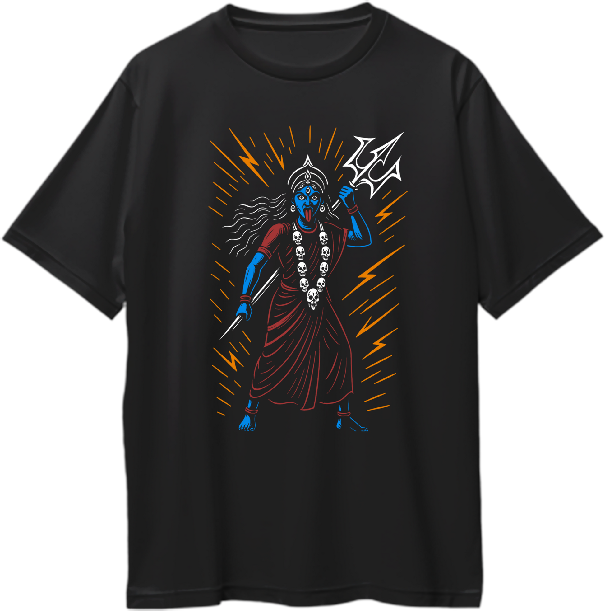 Black oversized unisex t-shirt featuring Goddess Kali Maa with trishul and sword, radiating divine energy lines – Garrari Brand.
