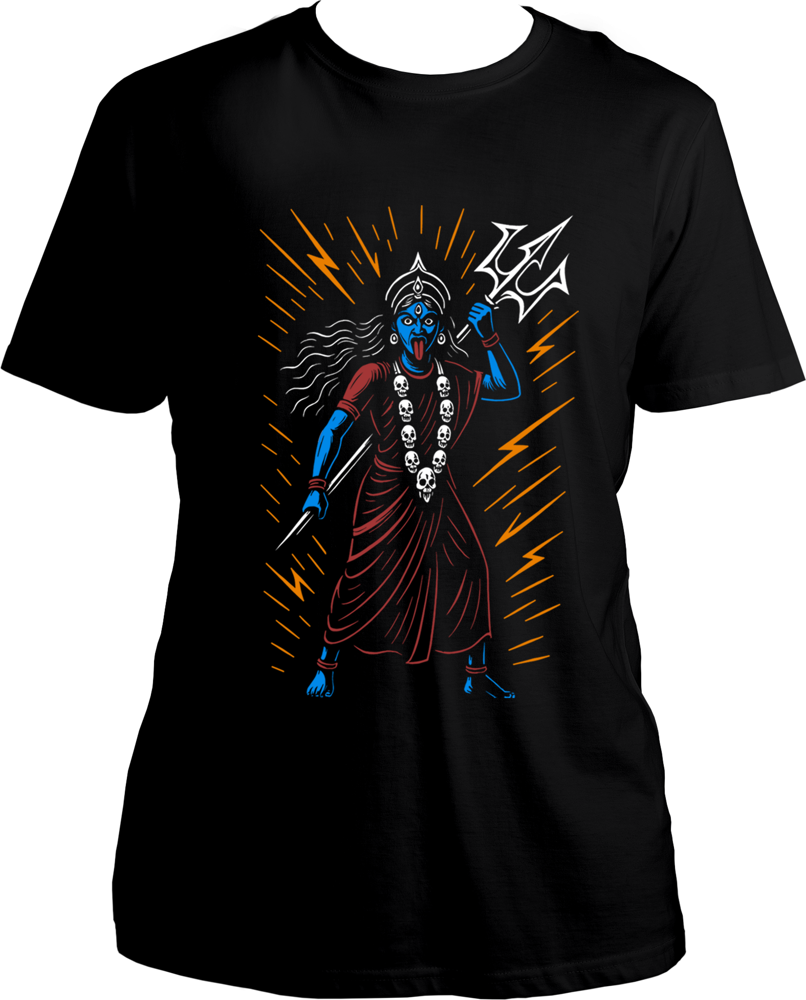 Black unisex cotton t-shirt featuring Goddess Kali Maa holding trishul surrounded by divine radiant energy lines – Garrari Brand.