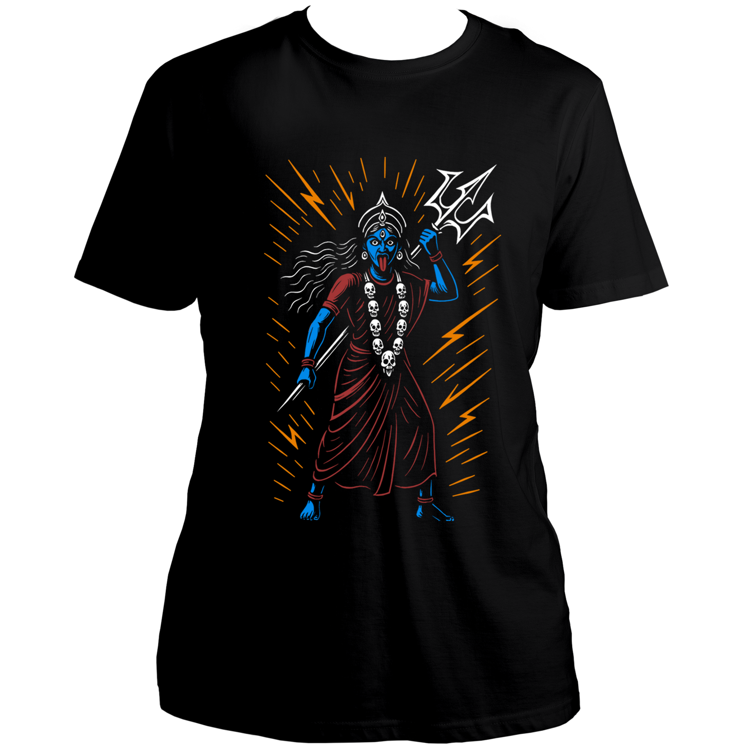 Black Divine Fury Kali Maa T-shirt with trishul and radiant Shakti artwork by Garrari