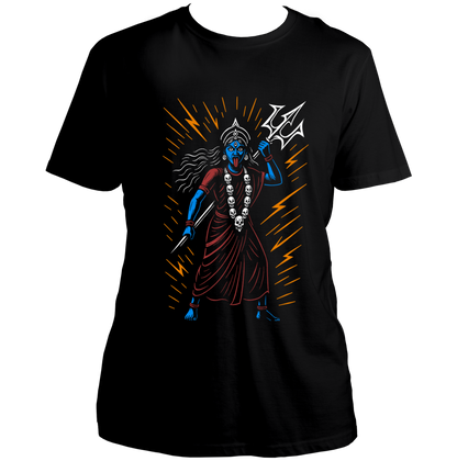 Black Divine Fury Kali Maa T-shirt with trishul and radiant Shakti artwork by Garrari