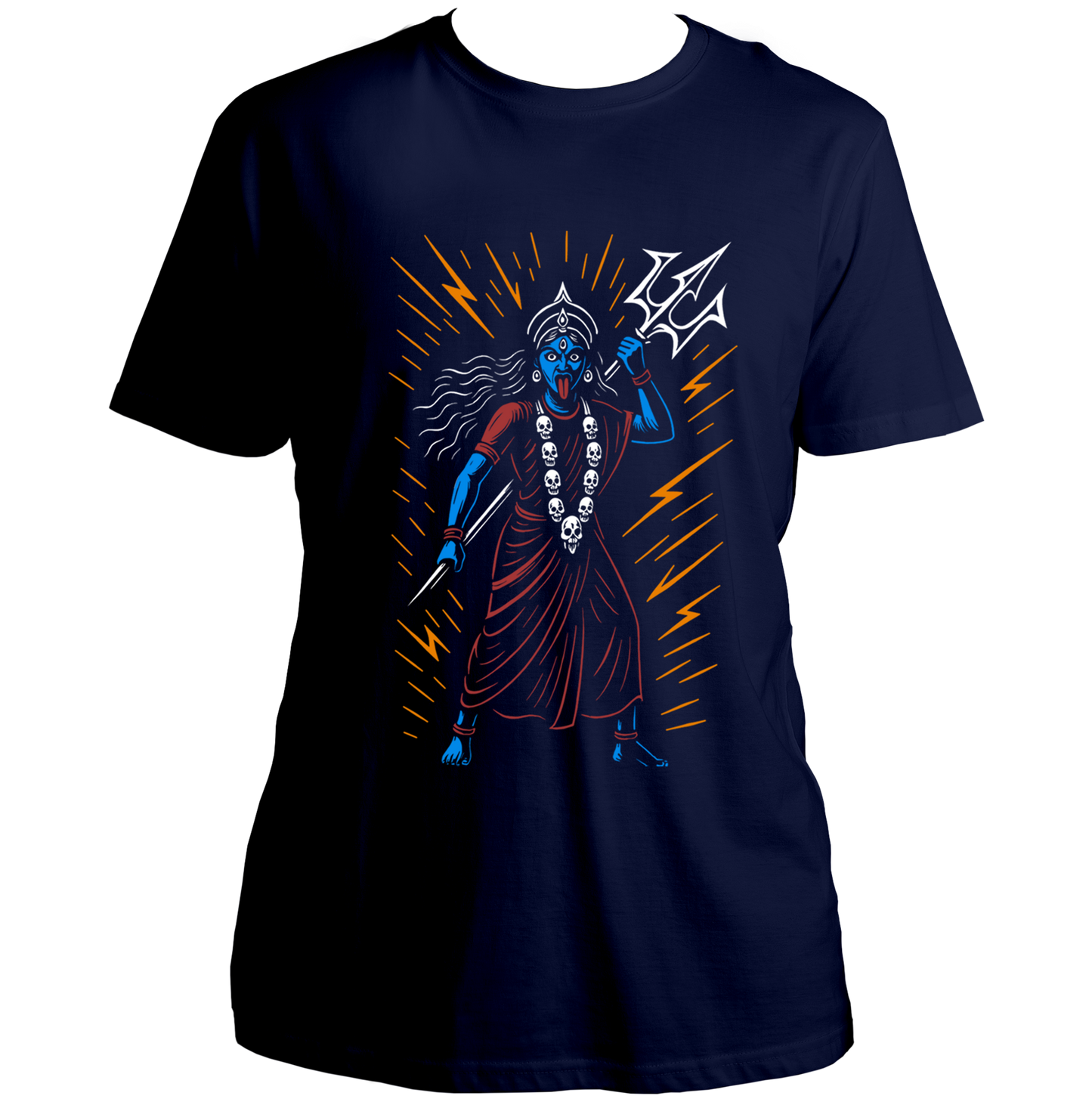 Navy Blue Divine Fury Kali Maa T-shirt with bold Kali Maa devotional print by Garrari