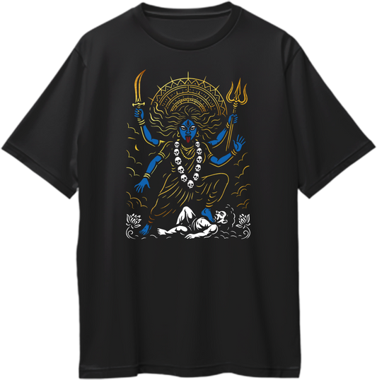 Black oversized unisex t-shirt with Goddess Kali Maa artwork, trishul & sword, skull garland, and reflective golden detailing – Garrari Brand.