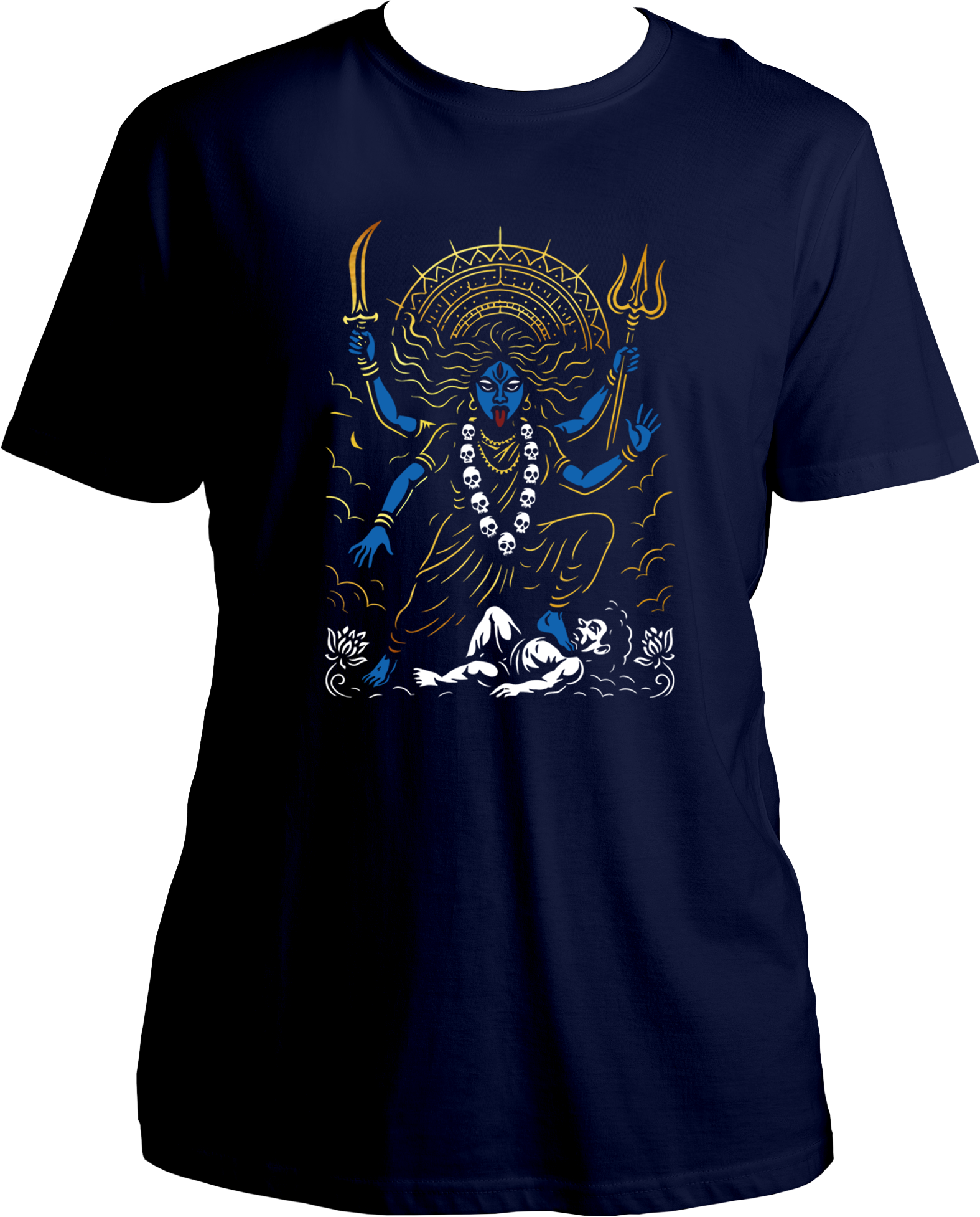 Unisex Navy Blue cotton t-shirt with Goddess Kali Maa artwork, trishul & sword, skull garland, reflective golden print detailing – Garrari Brand.