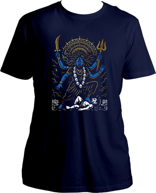 Unisex Navy Blue cotton t-shirt with Goddess Kali Maa artwork, trishul & sword, skull garland, reflective golden print detailing – Garrari Brand.