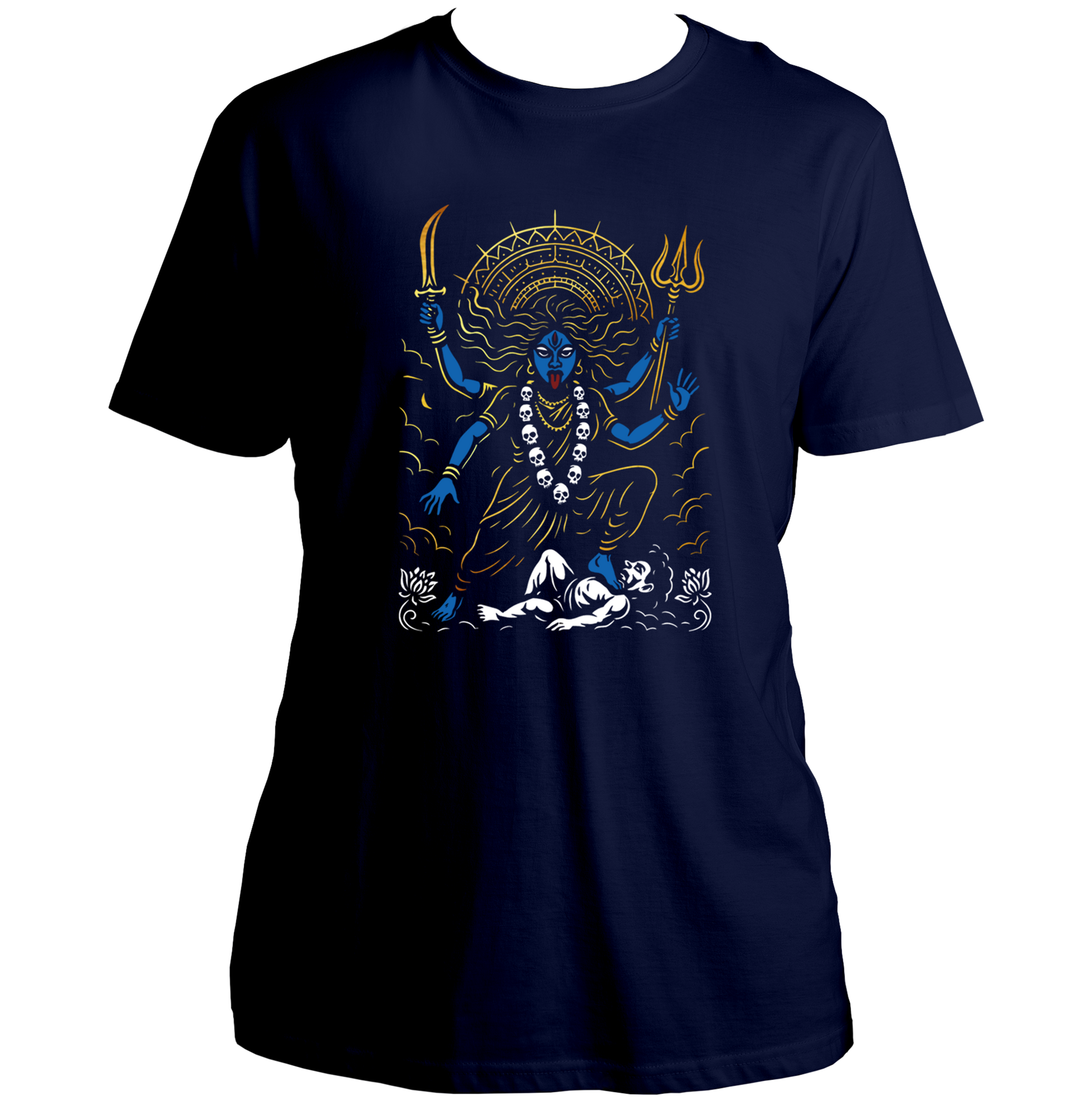 Navy Blue Kali Maa T-shirt with sword, trishul, and skull garland artwork by Garrari