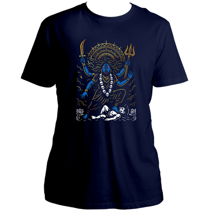 Navy Blue Kali Maa T-shirt with sword, trishul, and skull garland artwork by Garrari