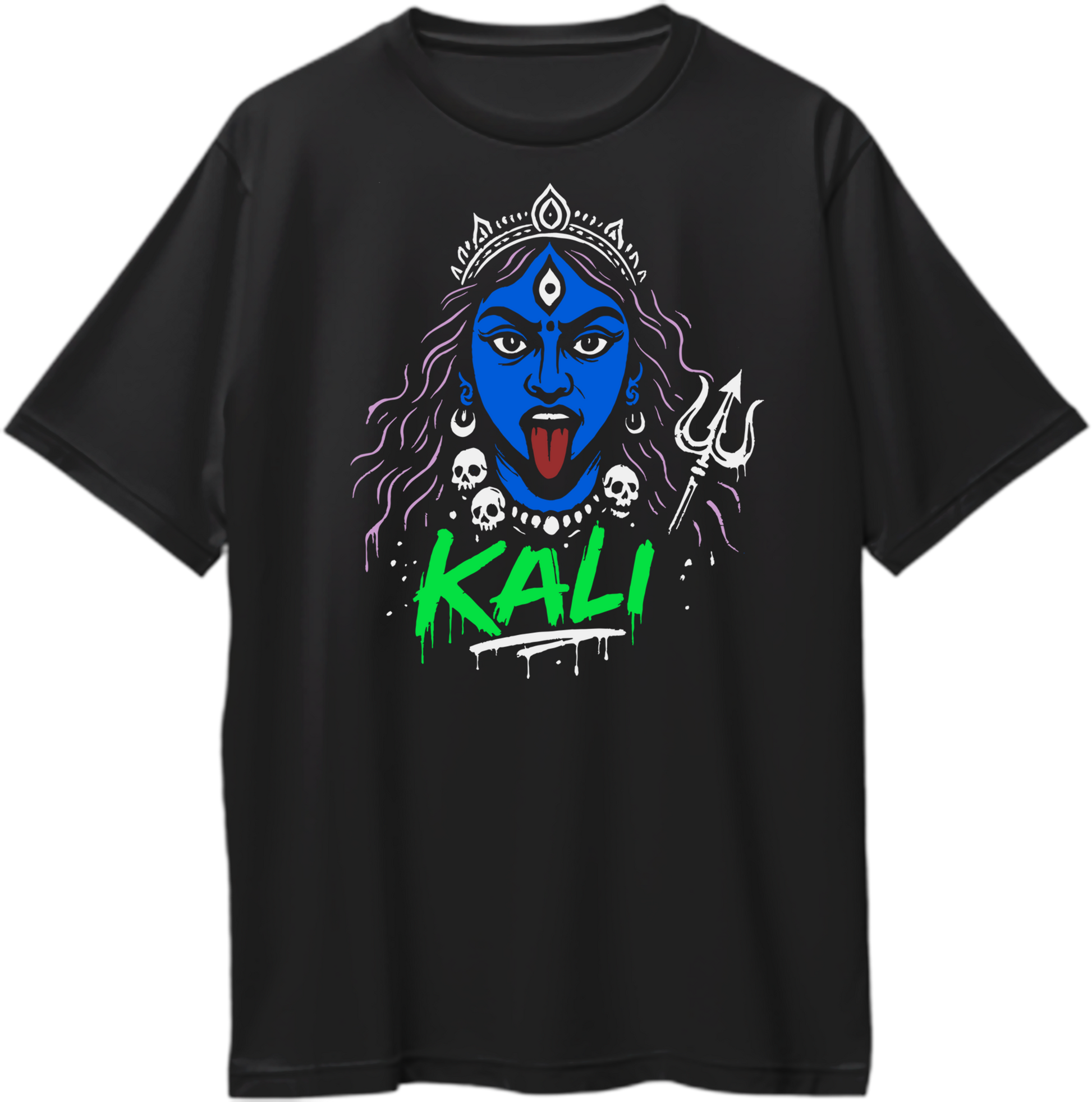Oversized unisex T-shirt with bold Goddess Kali face graphic, trishul and skull design, neon green KALI text – Garrari Brand.