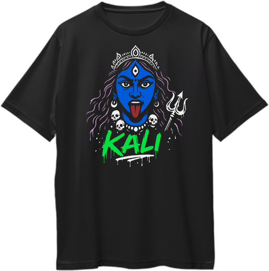 Oversized unisex T-shirt with bold Goddess Kali face graphic, trishul and skull design, neon green KALI text – Garrari Brand.