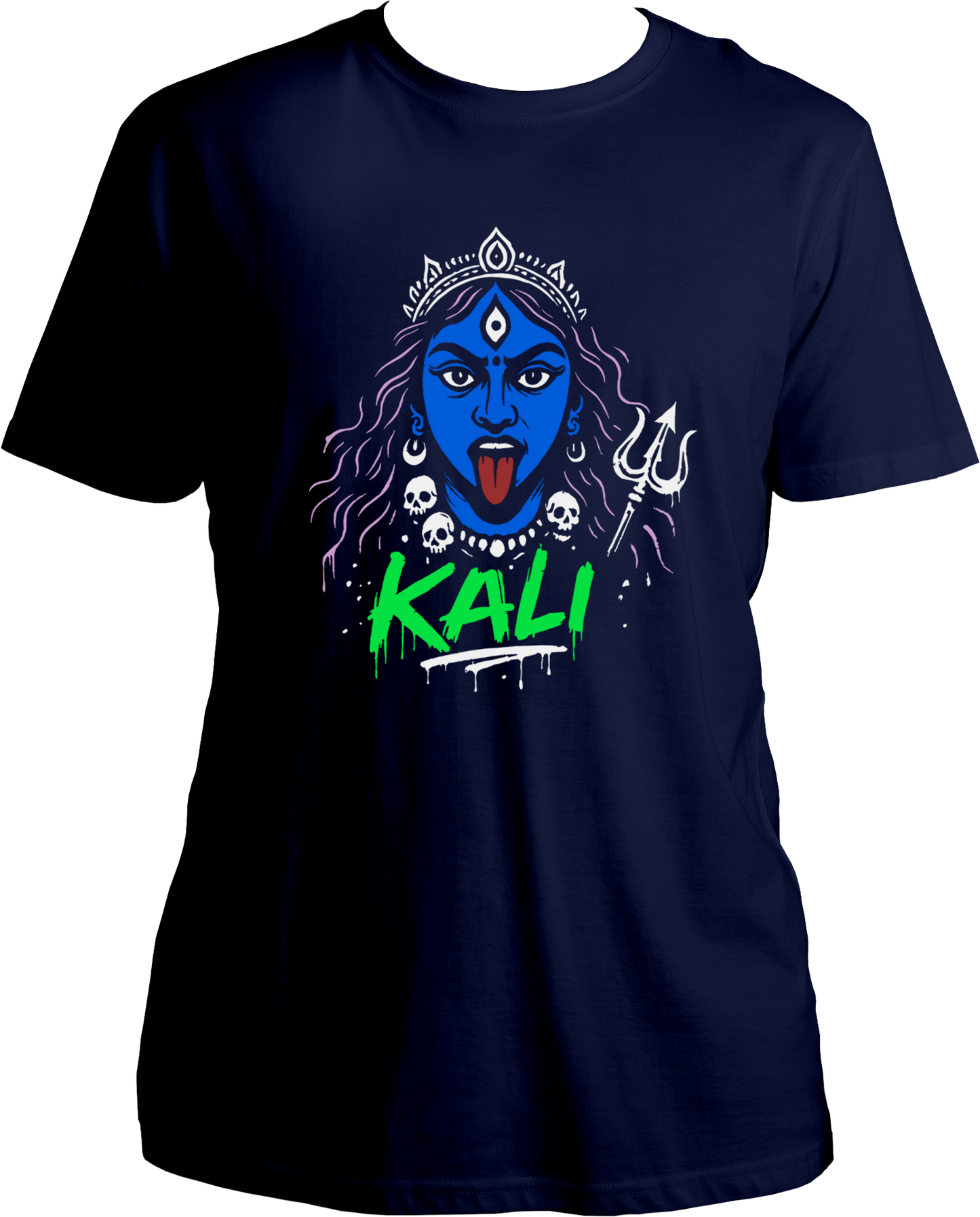 Unisex cotton t-shirt featuring bold Goddess Kali graphic artwork with trishul design, devotional yet modern style – Garrari Brand.
