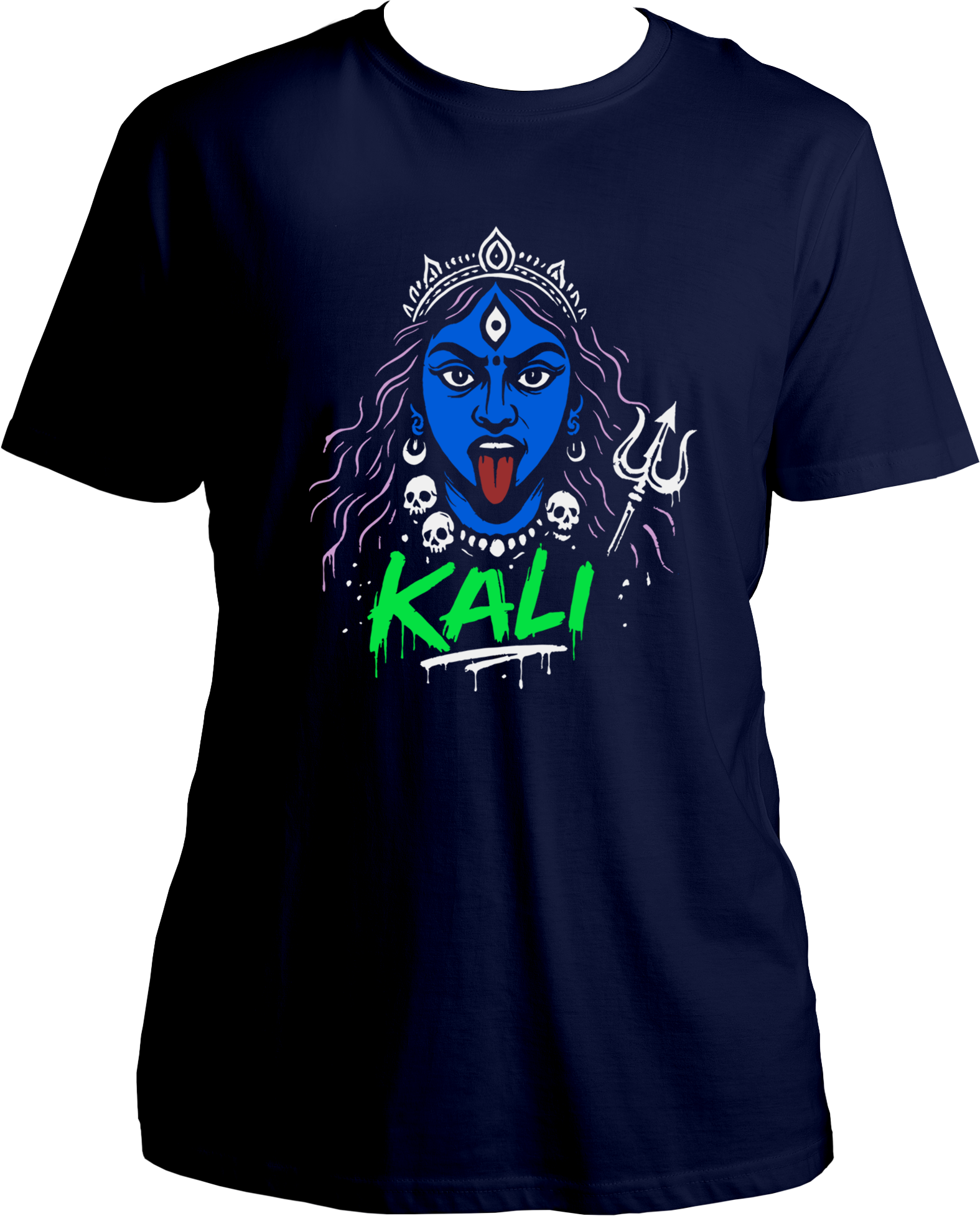 Unisex cotton t-shirt featuring bold Goddess Kali graphic artwork with trishul design, devotional yet modern style – Garrari Brand.