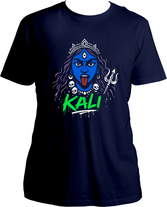 Unisex cotton t-shirt featuring bold Goddess Kali graphic artwork with trishul design, devotional yet modern style – Garrari Brand.