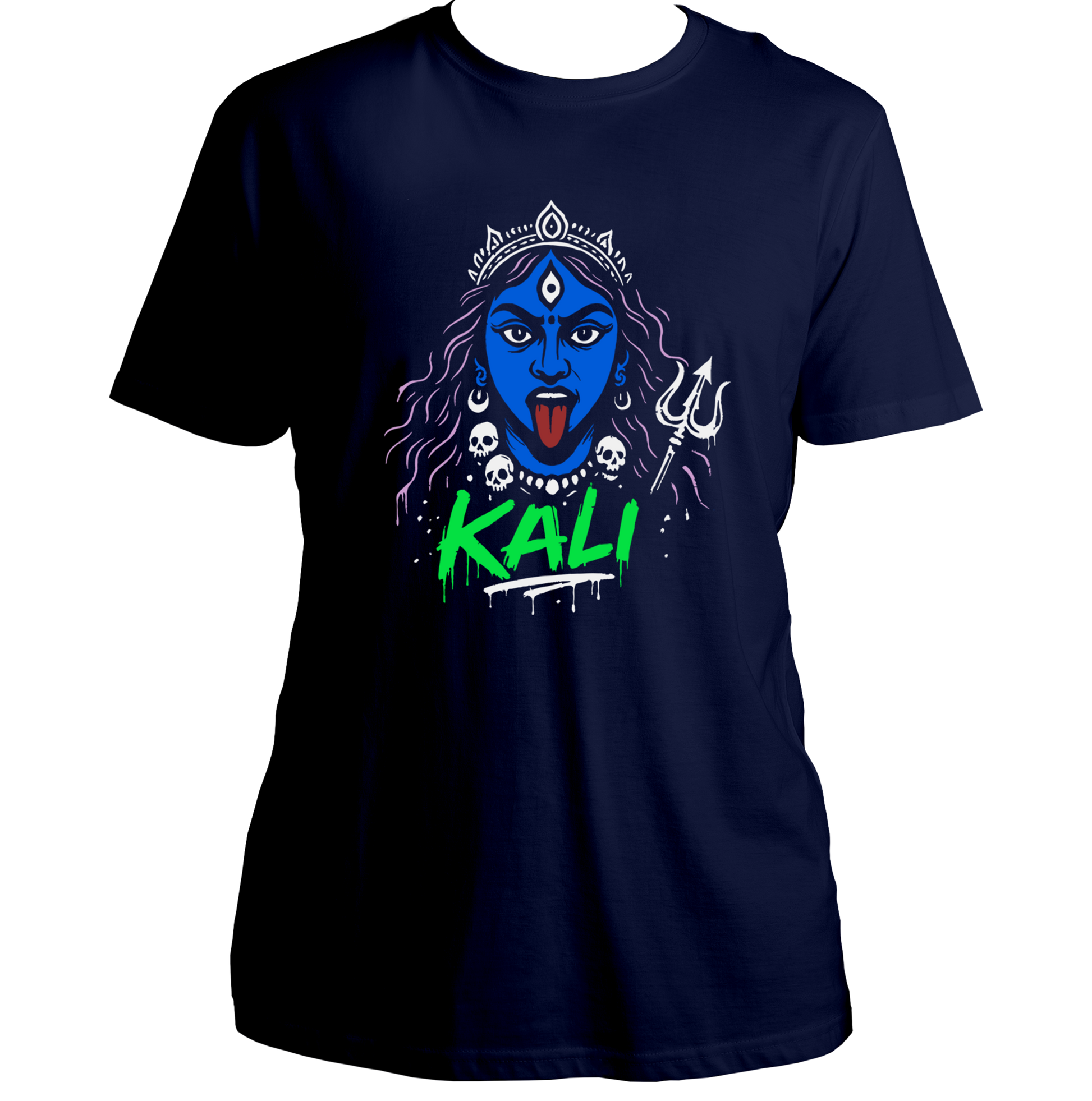 Navy Blue Maa Kali T-shirt with trishul and bold Kali artwork by Garrari