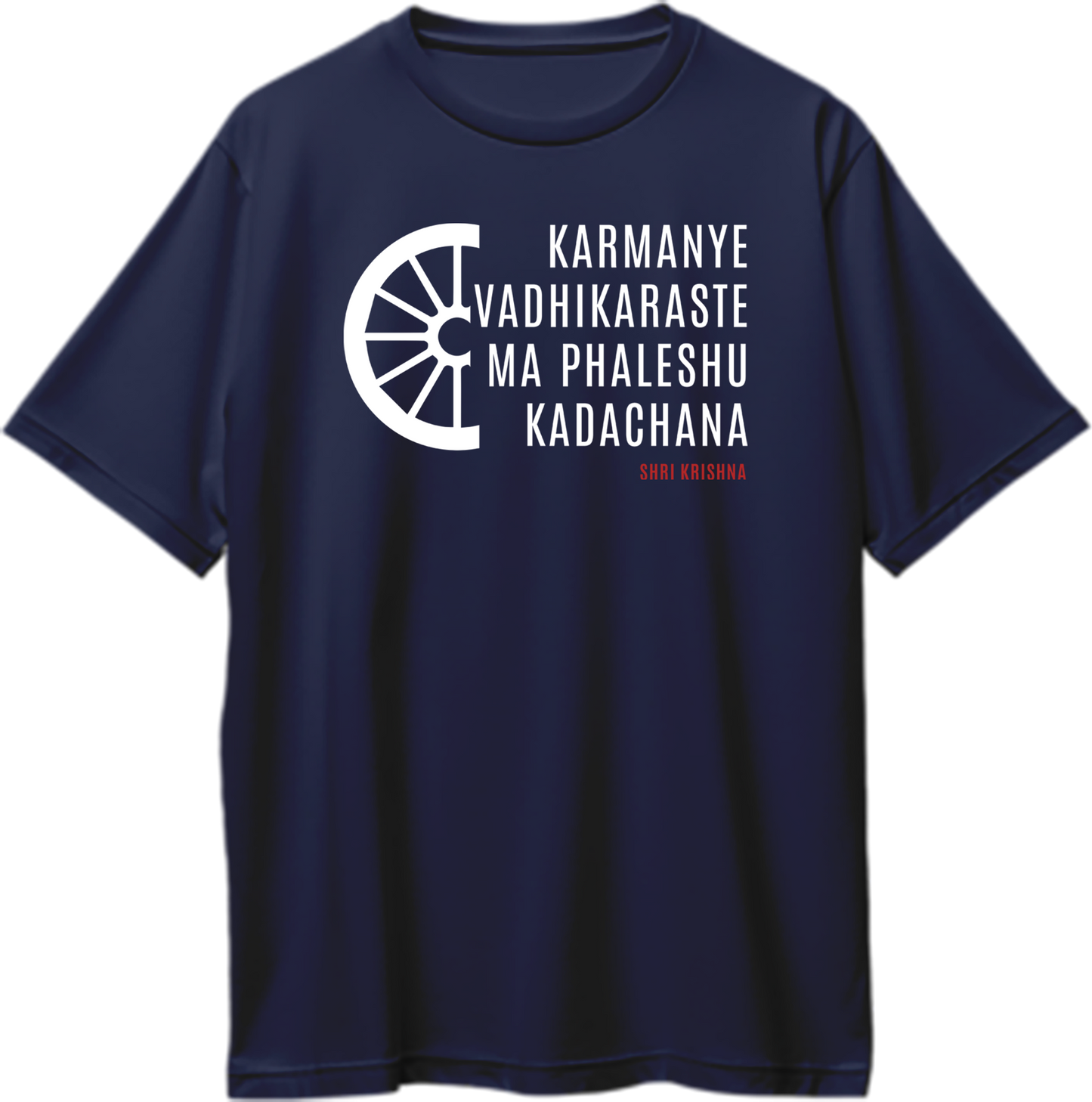 Navy Blue Karmanye Vadhikaraste Shri Krishna oversized T-shirt with chakra graphic and Gita shlok by Garrari