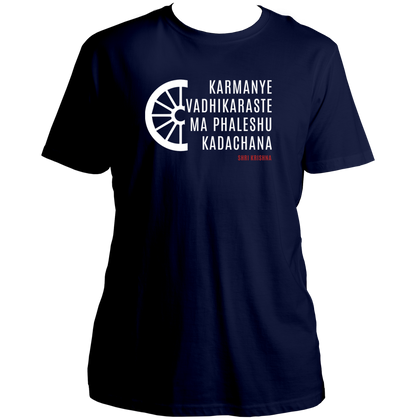 Navy Blue Karmanye Vadhikaraste Shri Krishna T-shirt with Krishna teaching print by Garrari