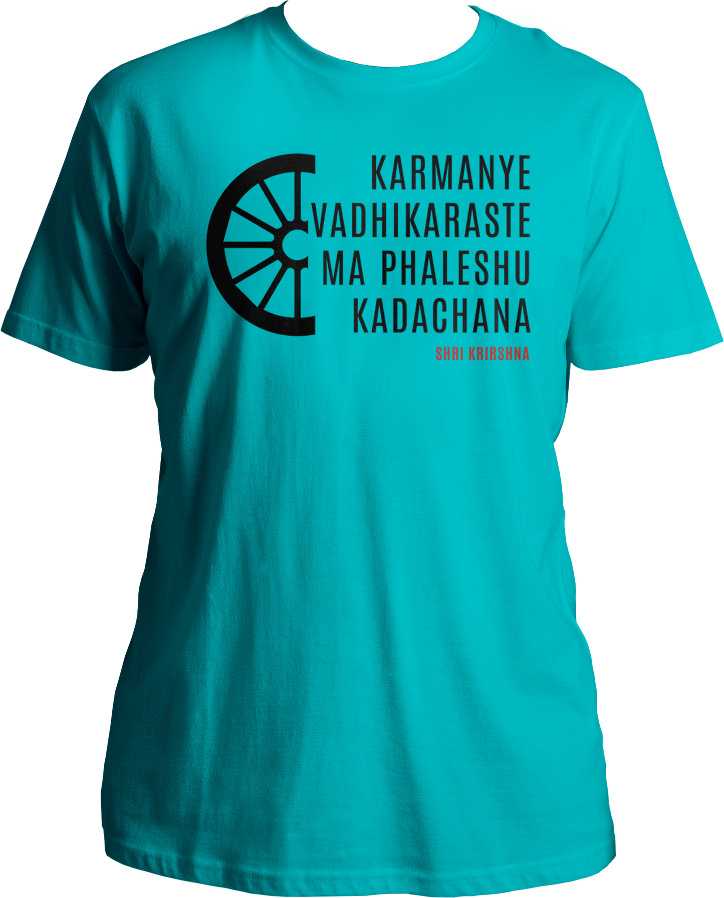 Karmanye Vadhikaraste Shri Krishna Unisex T-Shirt with Bhagavad Gita verse. Collection of Bhagavad Gita and Shri Krishna devotional t-shirts, featuring Karmanye Vadhikaraste design