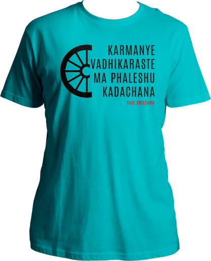 Karmanye Vadhikaraste Shri Krishna Unisex T-Shirt with Bhagavad Gita verse. Collection of Bhagavad Gita and Shri Krishna devotional t-shirts, featuring Karmanye Vadhikaraste design