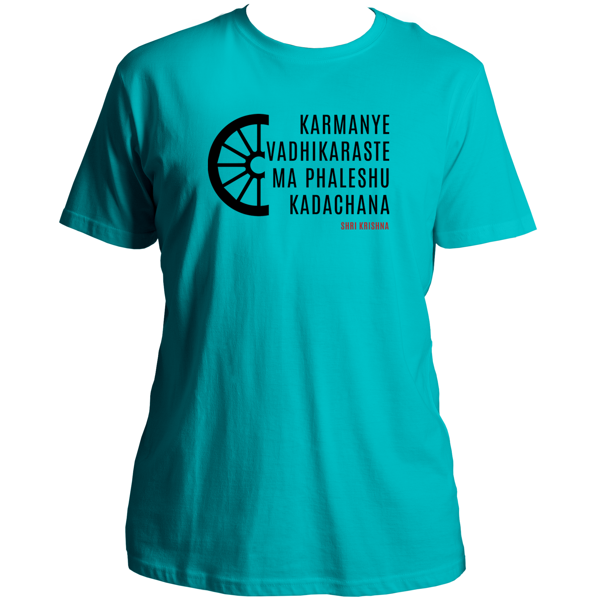 Aqua Blue Karmanye Vadhikaraste Shri Krishna T-shirt with chakra graphic by Garrari