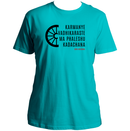 Aqua Blue Karmanye Vadhikaraste Shri Krishna T-shirt with chakra graphic by Garrari