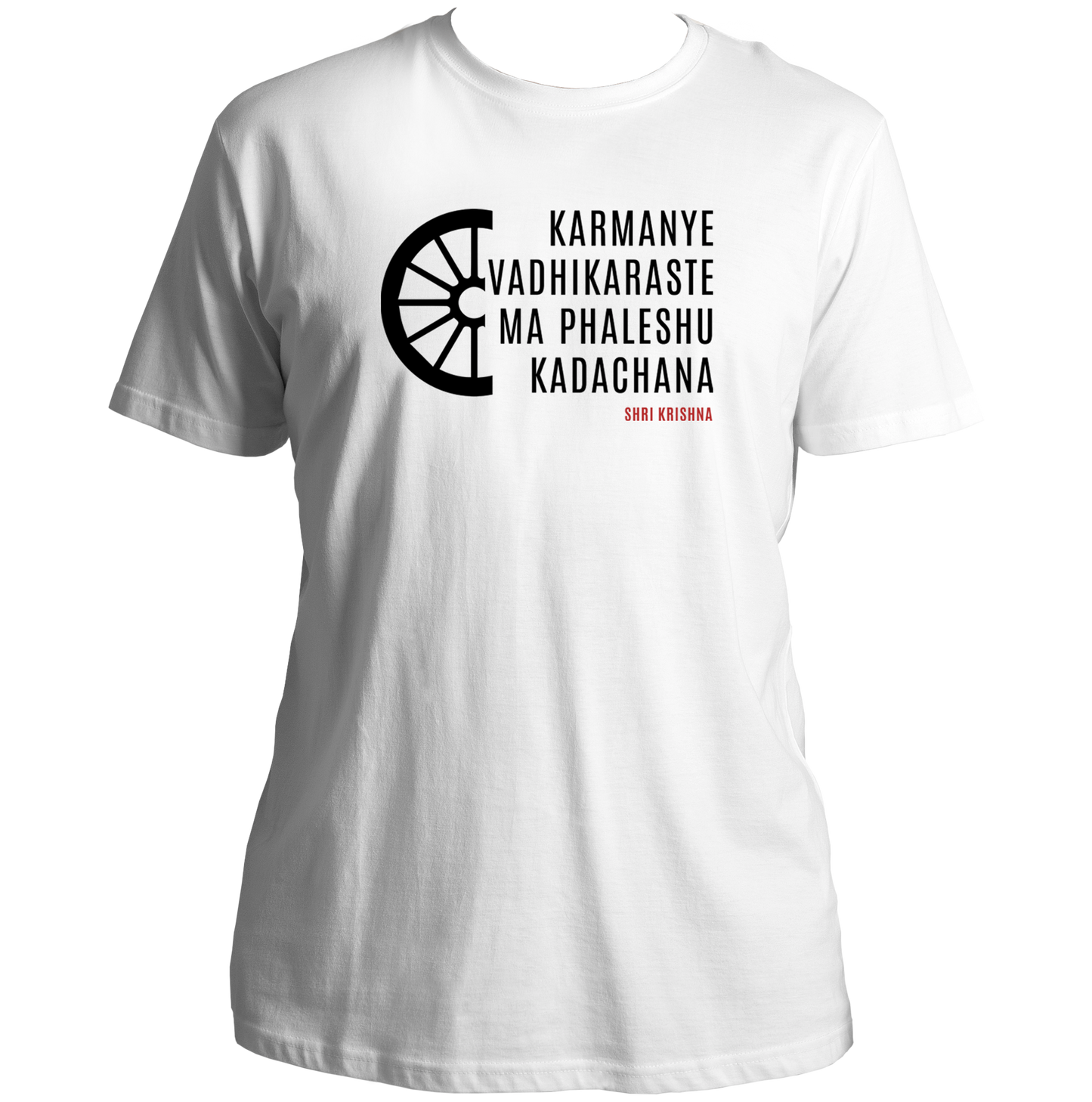 White Karmanye Vadhikaraste Shri Krishna T-shirt with Bhagavad Gita inspired artwork by Garrari