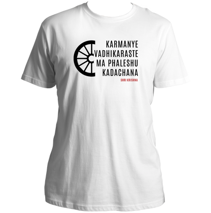 White Karmanye Vadhikaraste Shri Krishna T-shirt with Bhagavad Gita inspired artwork by Garrari