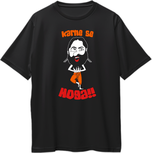 Black Karne Se Hoga Oversized T-Shirt with funny Hindi quote and quirky cartoon graphic by Garrari