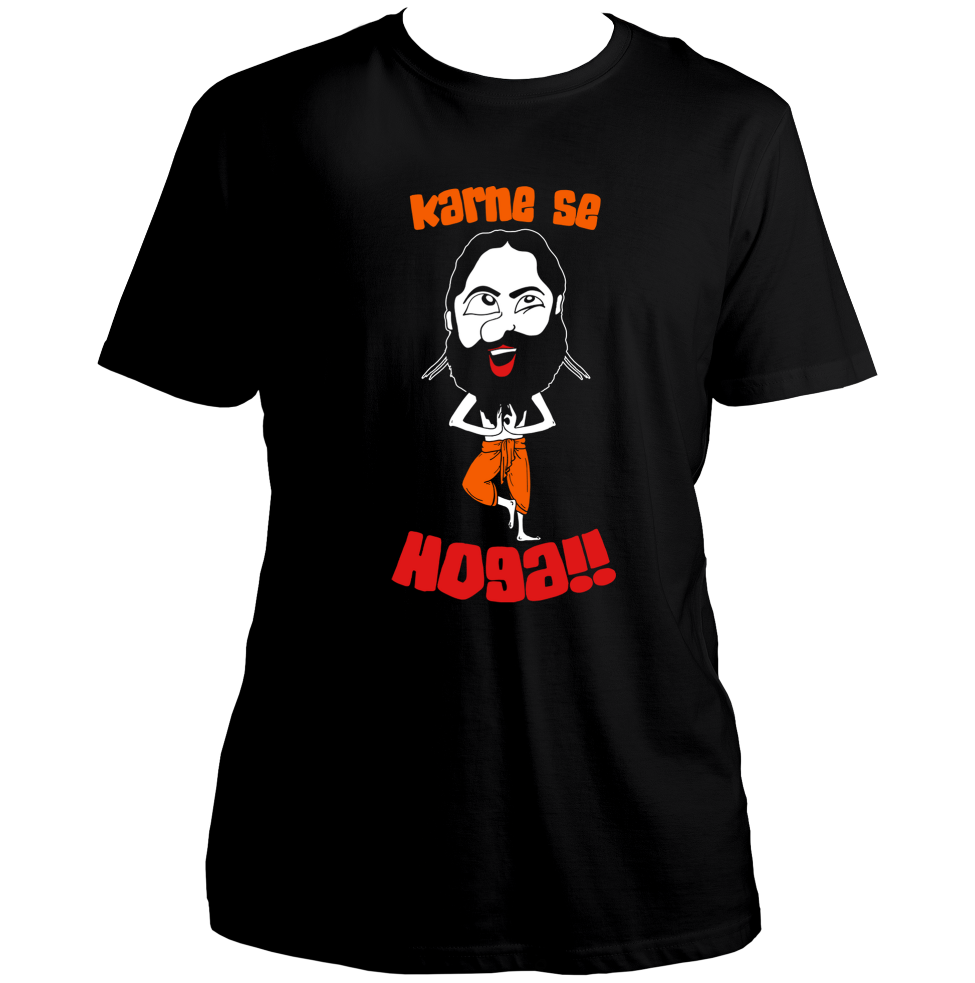 Black Karne Se Hoga Unisex T-Shirt with funny Hindi text and quirky cartoon print by Garrari